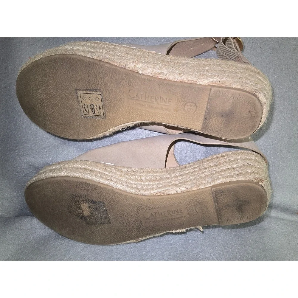 Catherine Malandrino Taupe Espadrille Wedge Heel Sandals Gold Buckle 9.5